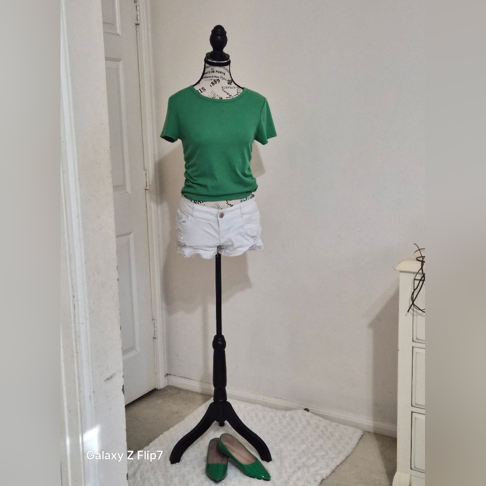 Green Ribbed Top and Hollister White Ripped Shorts Low Rise. Green Flats Size 7